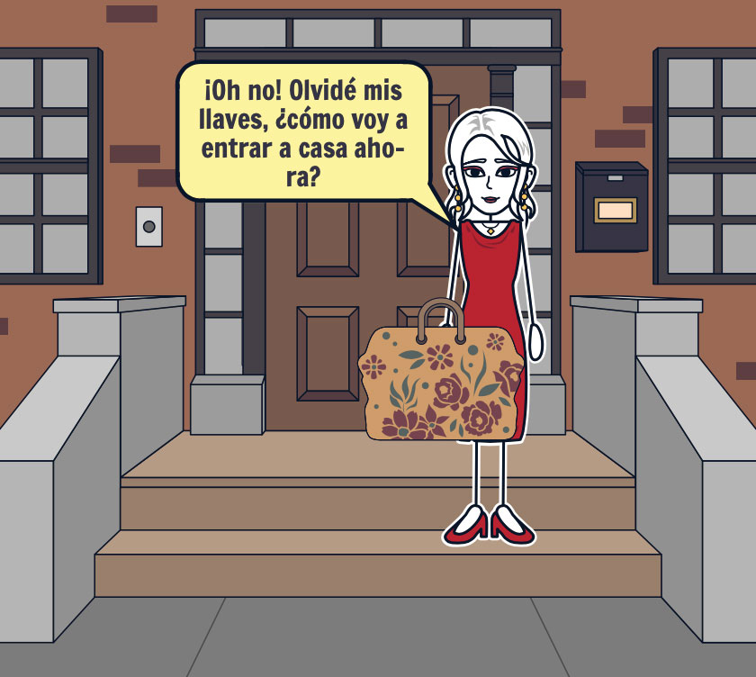 Mujer subiendo escaleras y se da cuenta que no trae llaves para entrar a casa.