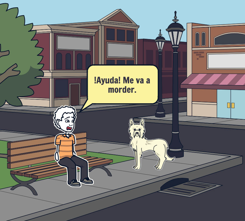 Persona sentada en una banca con miedo a ser atacada por un perro