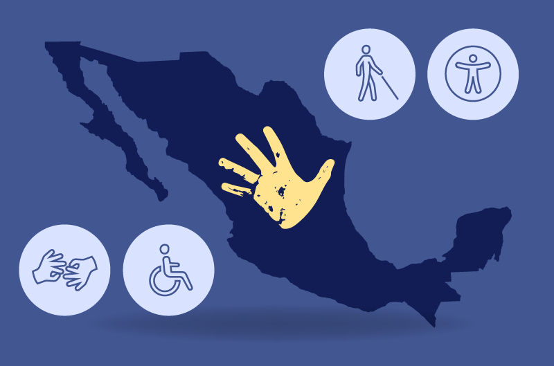 Silueta del territorio mexicano con iconos referentes a la educación especial.