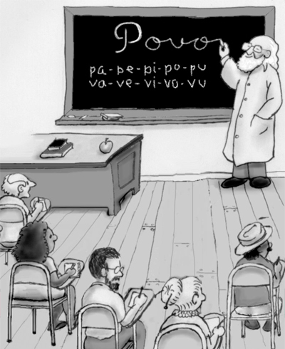 Ilustración de un salón de clases en donde Paulo Freire está escribiendo en un pizarrón; cinco personas sentadas en una banca estudiando