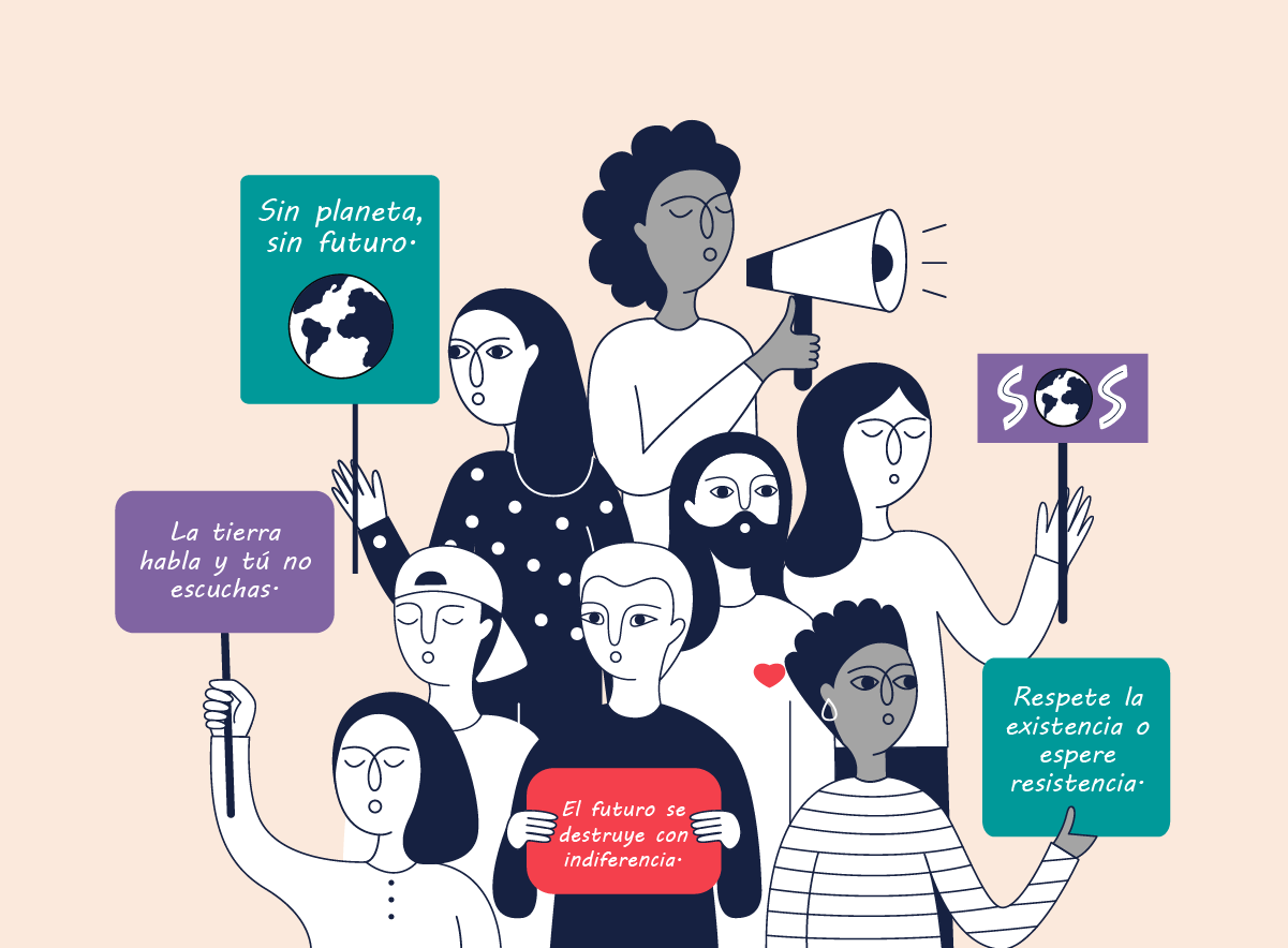 Ilustración de mujeres con pancartas en una protesta climática