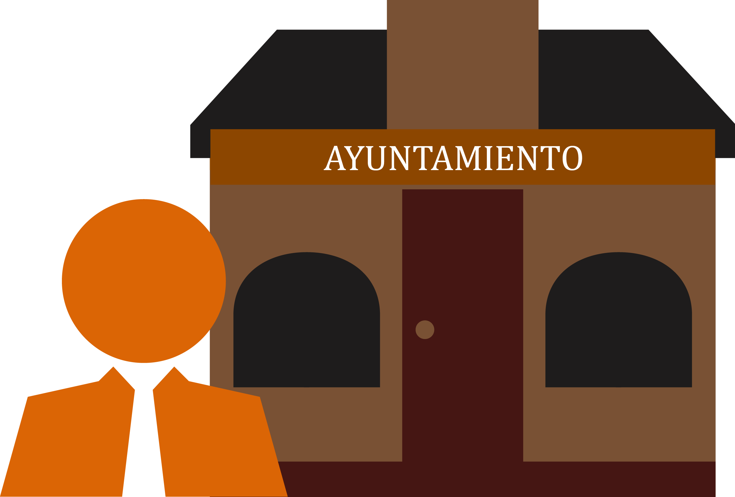 Gráfico de edificio con letrero “Ayuntamiento” en fachada y, delante del mismo, silueta del torso de una persona.