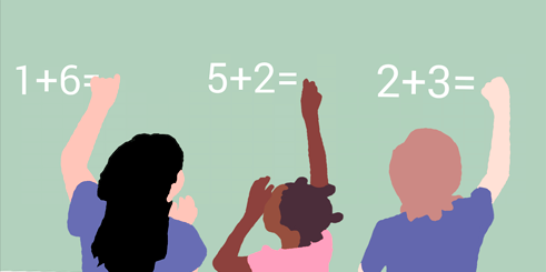 Dibujo de tres niños que resuelven sumas sencillas en un pizarrón.