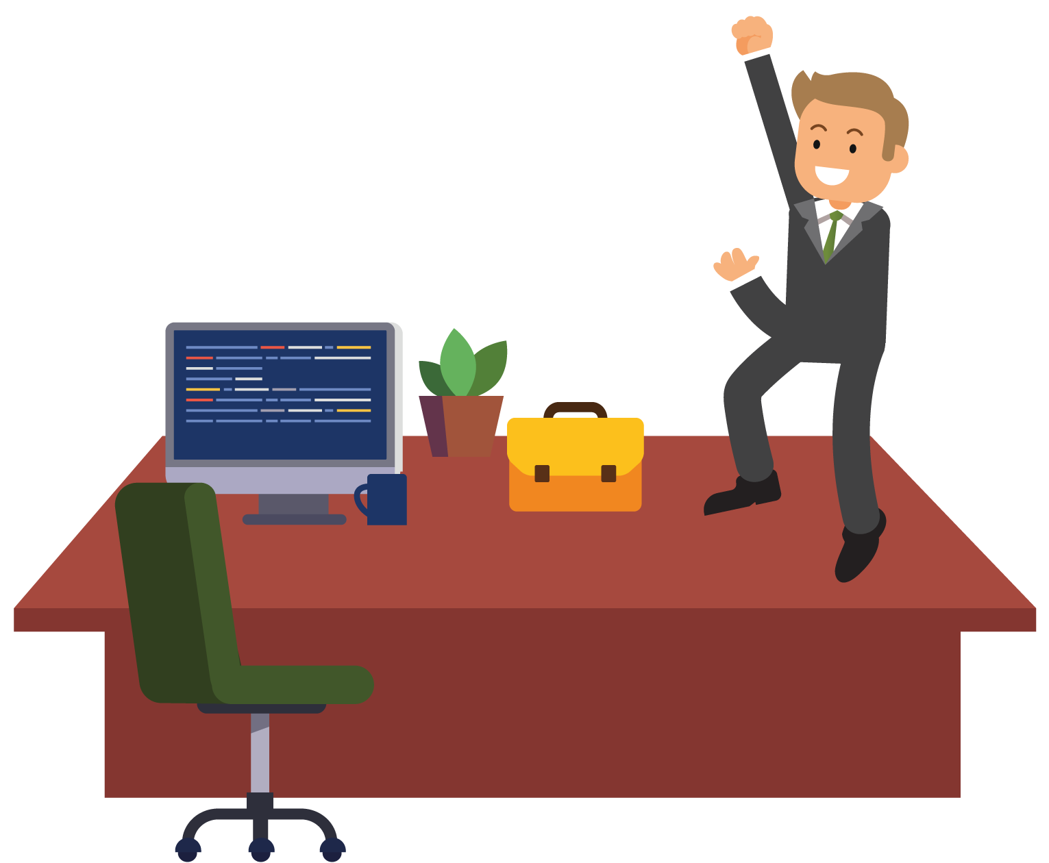 Hombre feliz parado sobre un escritorio