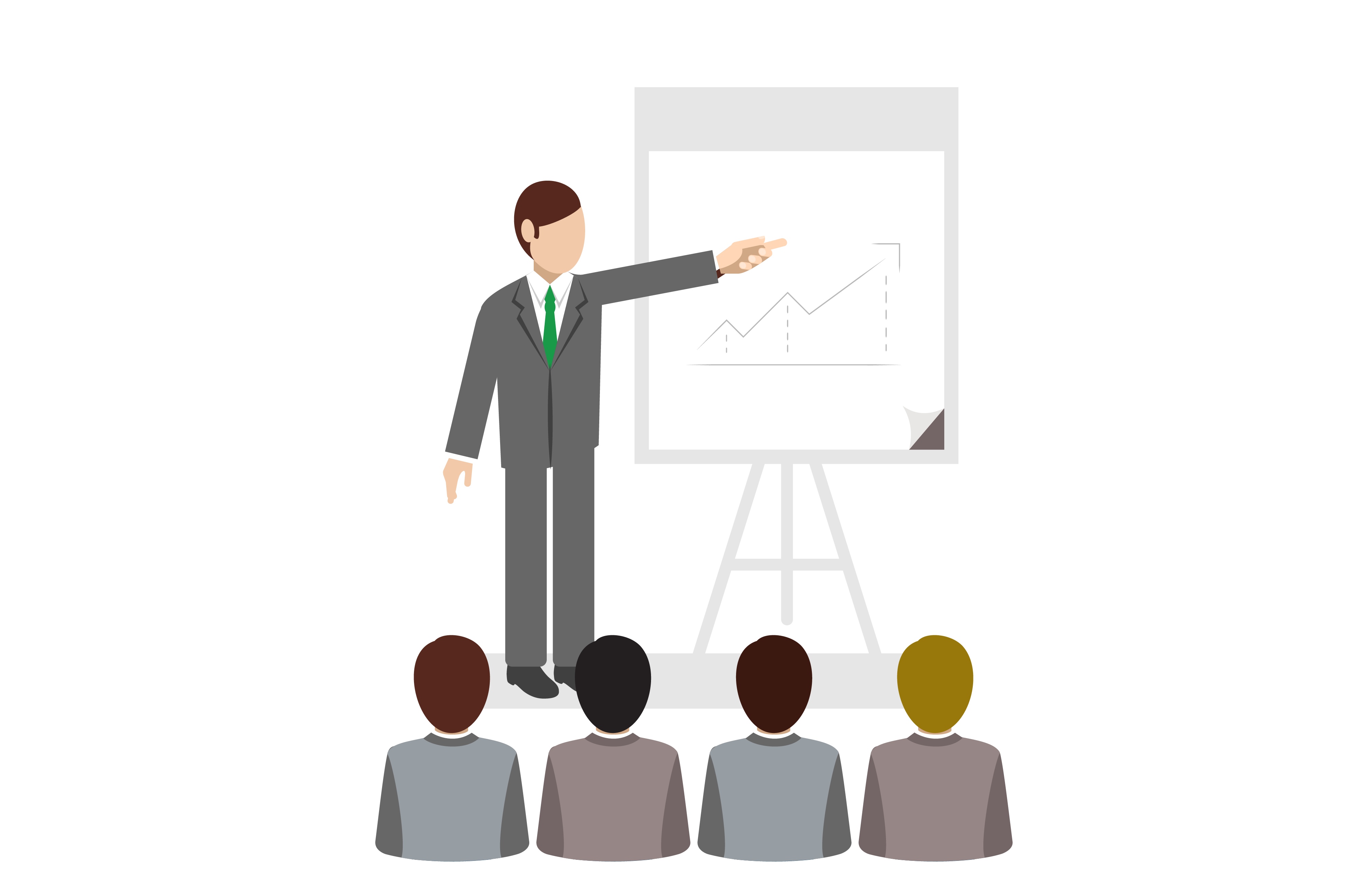 Persona exponiendo ante un grupo de personas con apoyo de una pizarra.