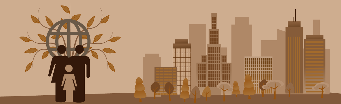 Gráfico de personas con globo terráqueo con árbol y edificios como fondo.