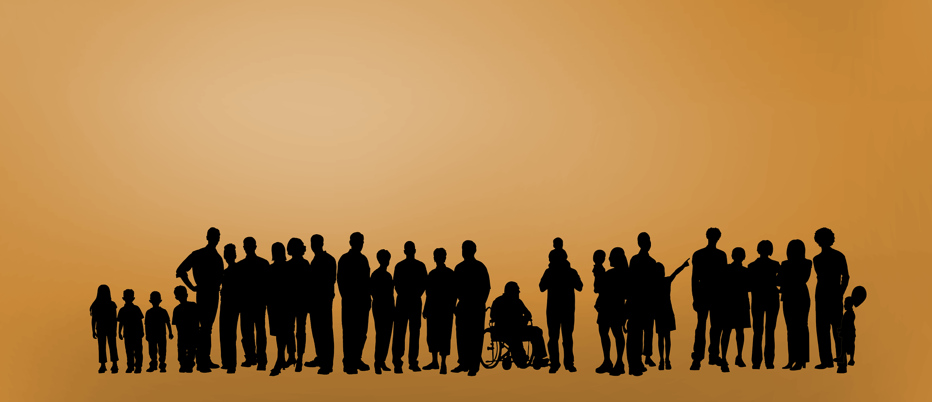 Sobre un fondo azul, siluetas en negro de personas.