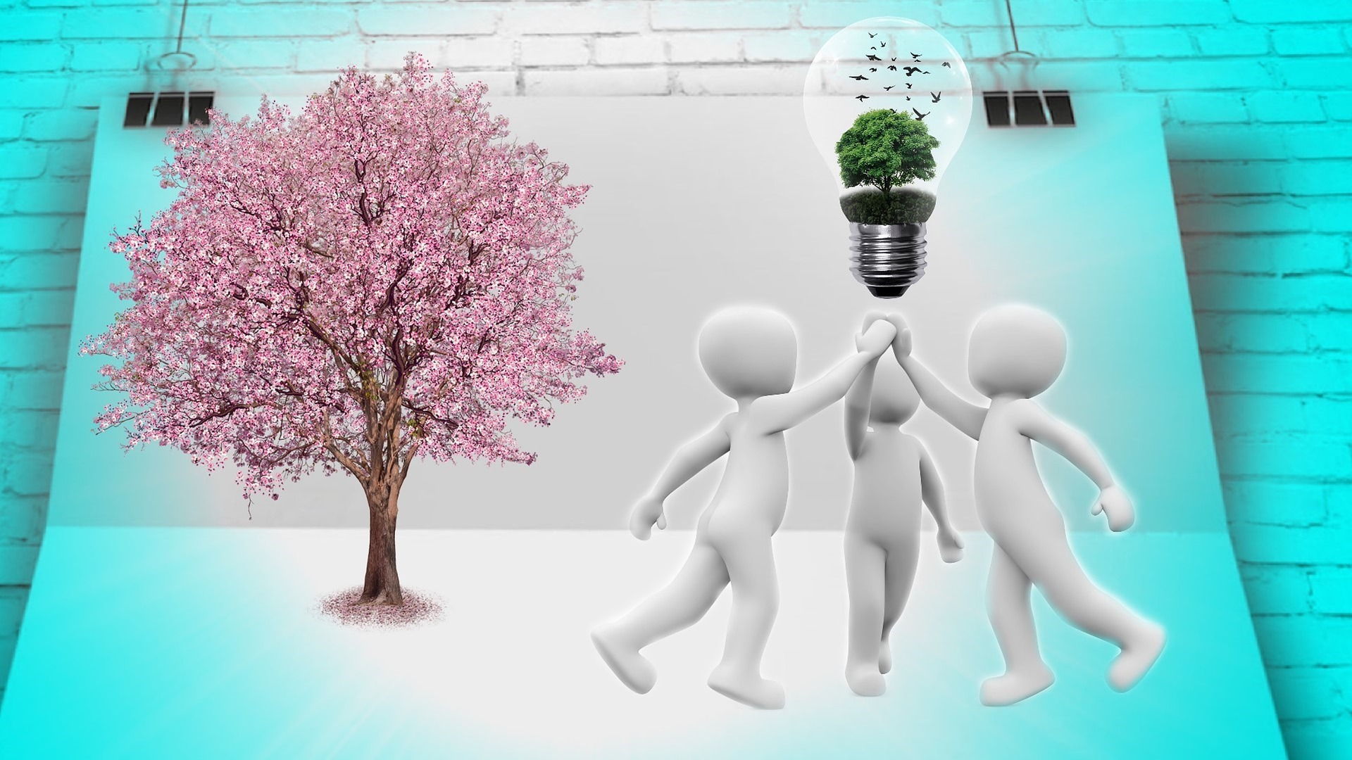 tres siluetas humanas “chocan” las manos; sobre éstas, hay un foco con un árbol y pájaros en su interior. De lado izquierdo de la imagen, se ve un árbol con follaje rosado.