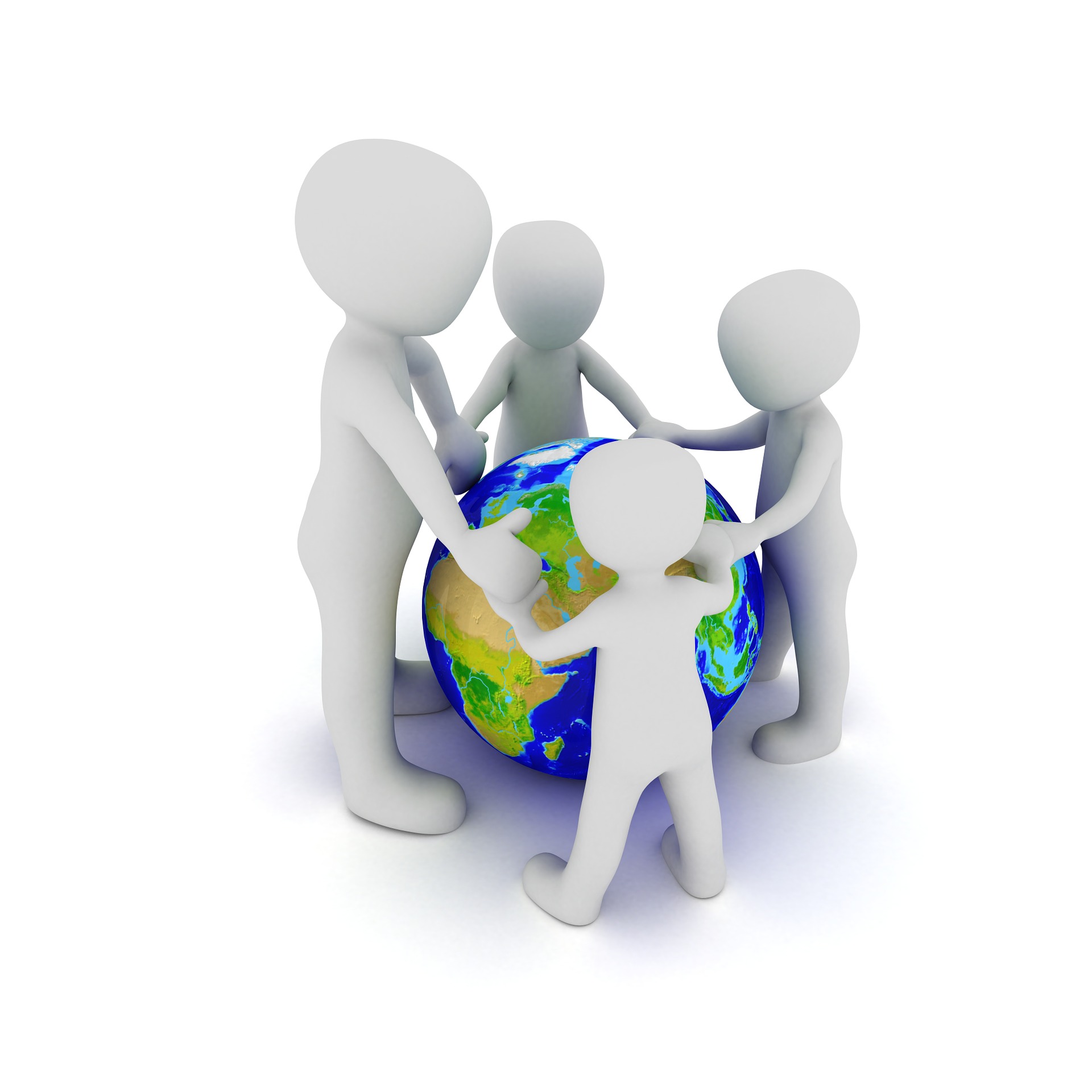 Cuatro siluetas humanas se toman de las manos para rodear un globo terráqueo.