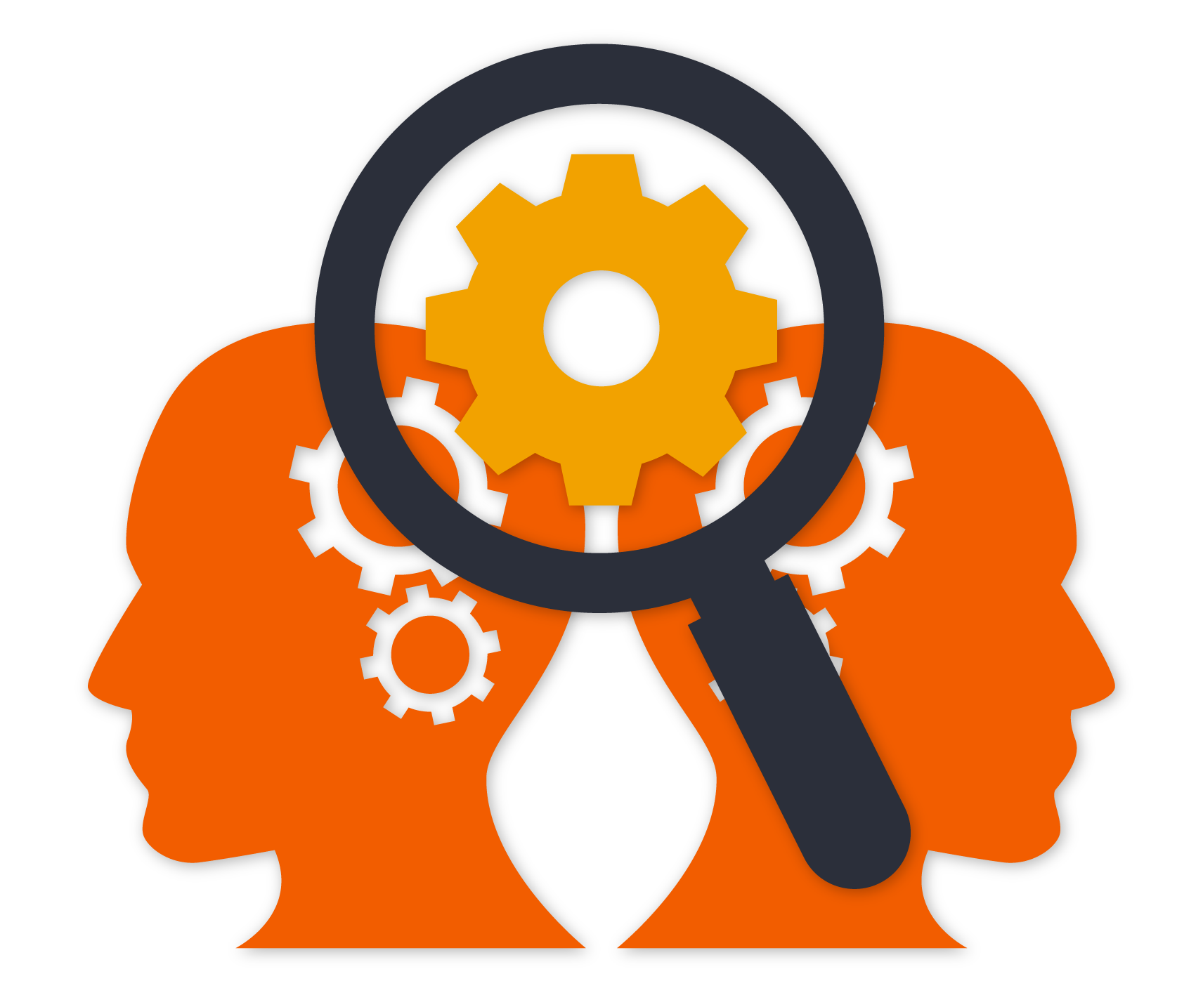 Dos personas con una lupa sobre sus cabezas