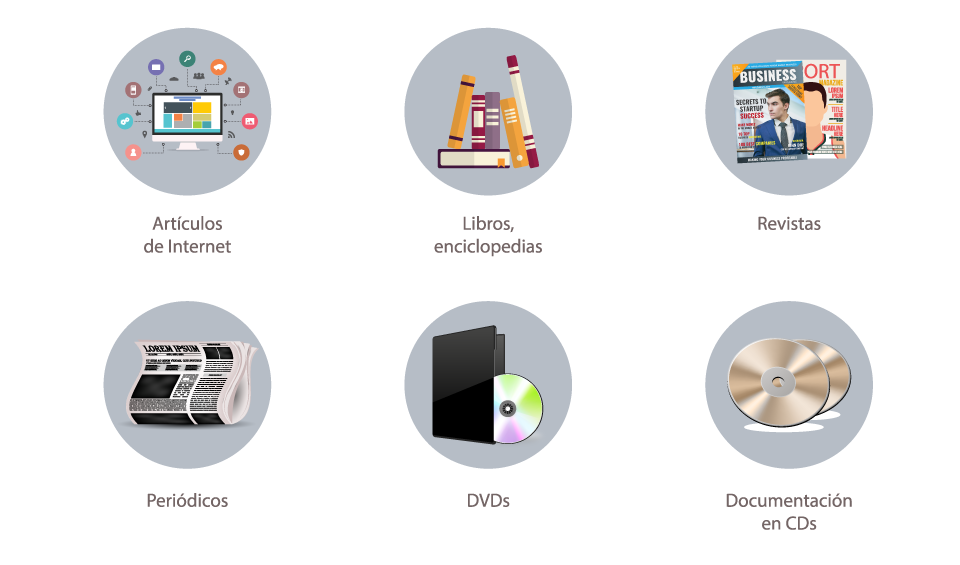 Computadora, libros, revistas, periódicos, DVD y CD